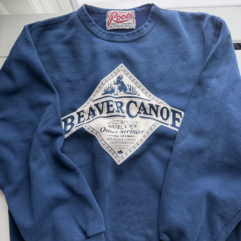 VINTAGE 90s BEAVER CANOE ROOTS UNISEX NAVY BLUE CREW NECK SWEATSHIRT SIZE LARGE